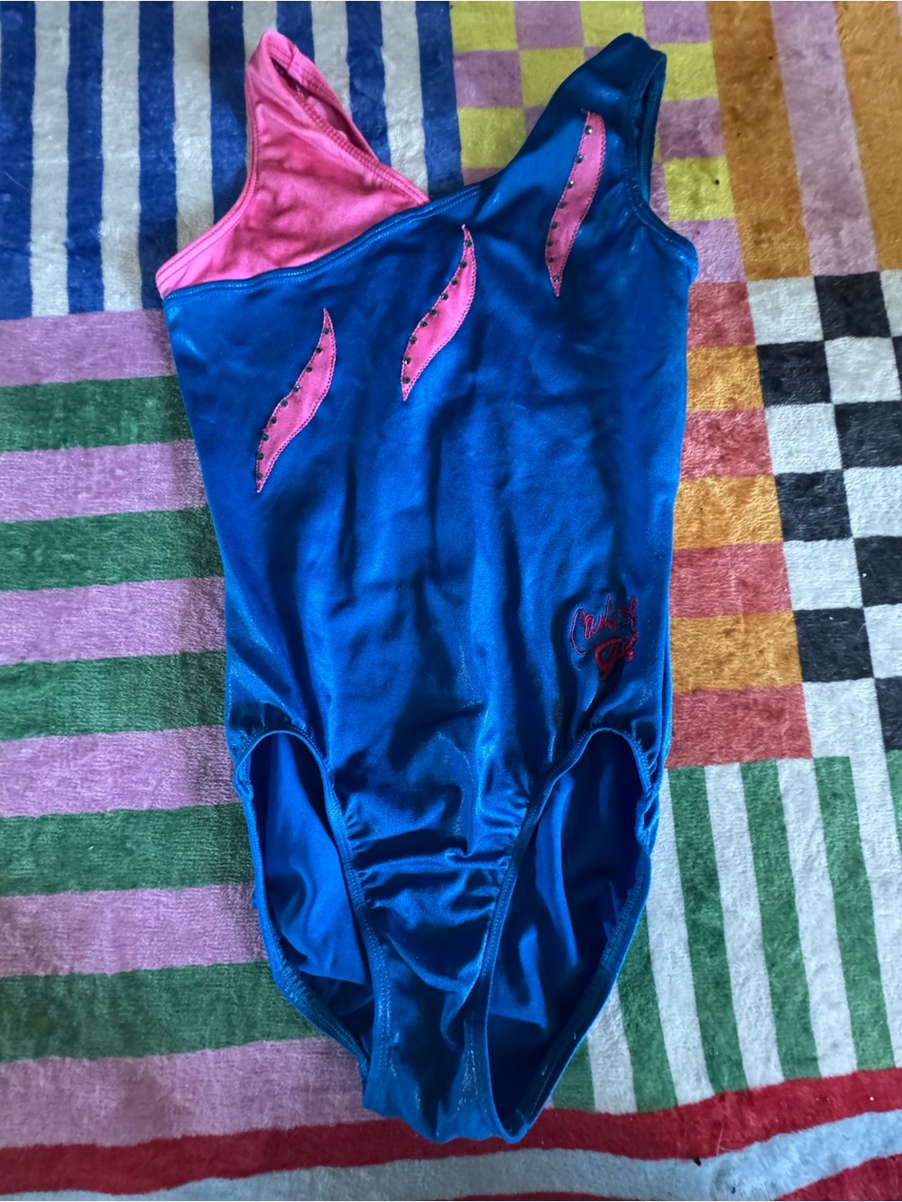 GK One-Shoulder Blue and Pink Kids leotard